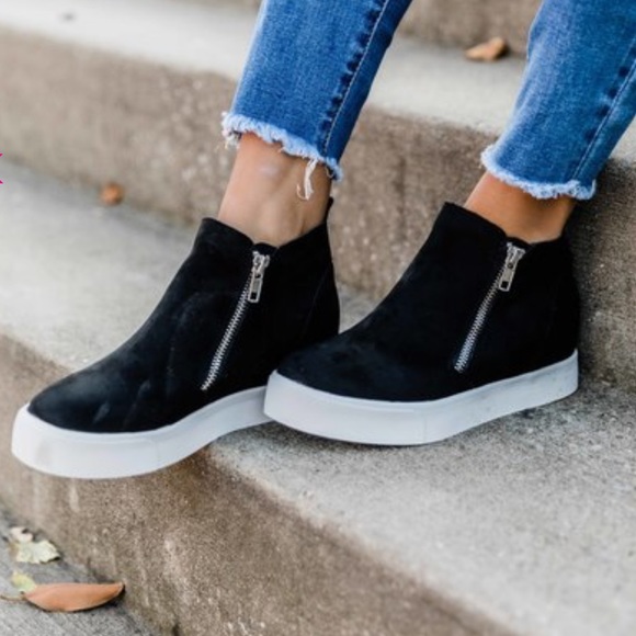 Black Micro suede  hidden wedge sneaker - Picture 1 of 10